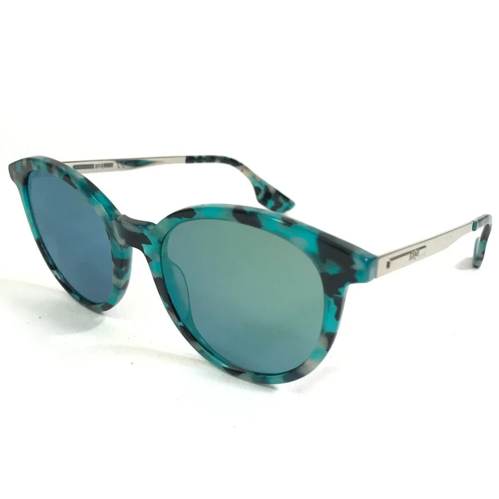 McQ Sunglasses MQ0069S 003 Blue Silver Tortoise Round Frames with Blue Lenses